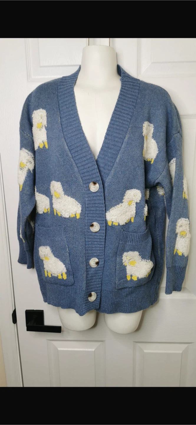 NEW! Blue Sheep Cardigan Sweater – Heavy Knit – Estimated Size M