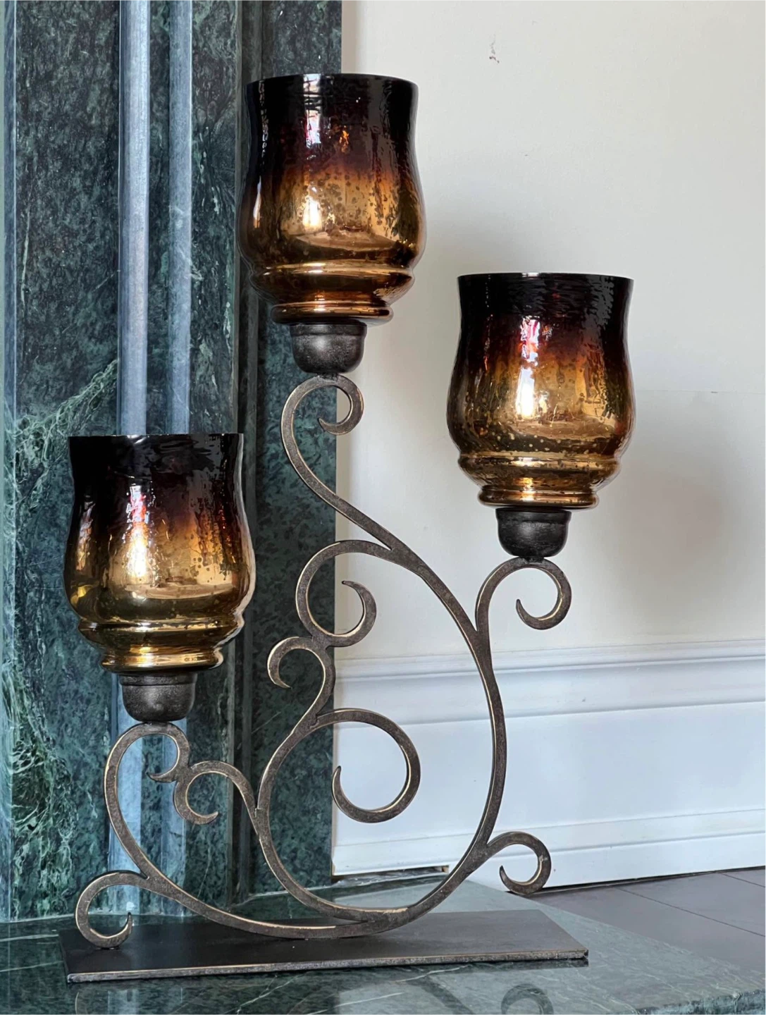 3-Arm Hurricane Candle Holder Amber Glass - photo 2
