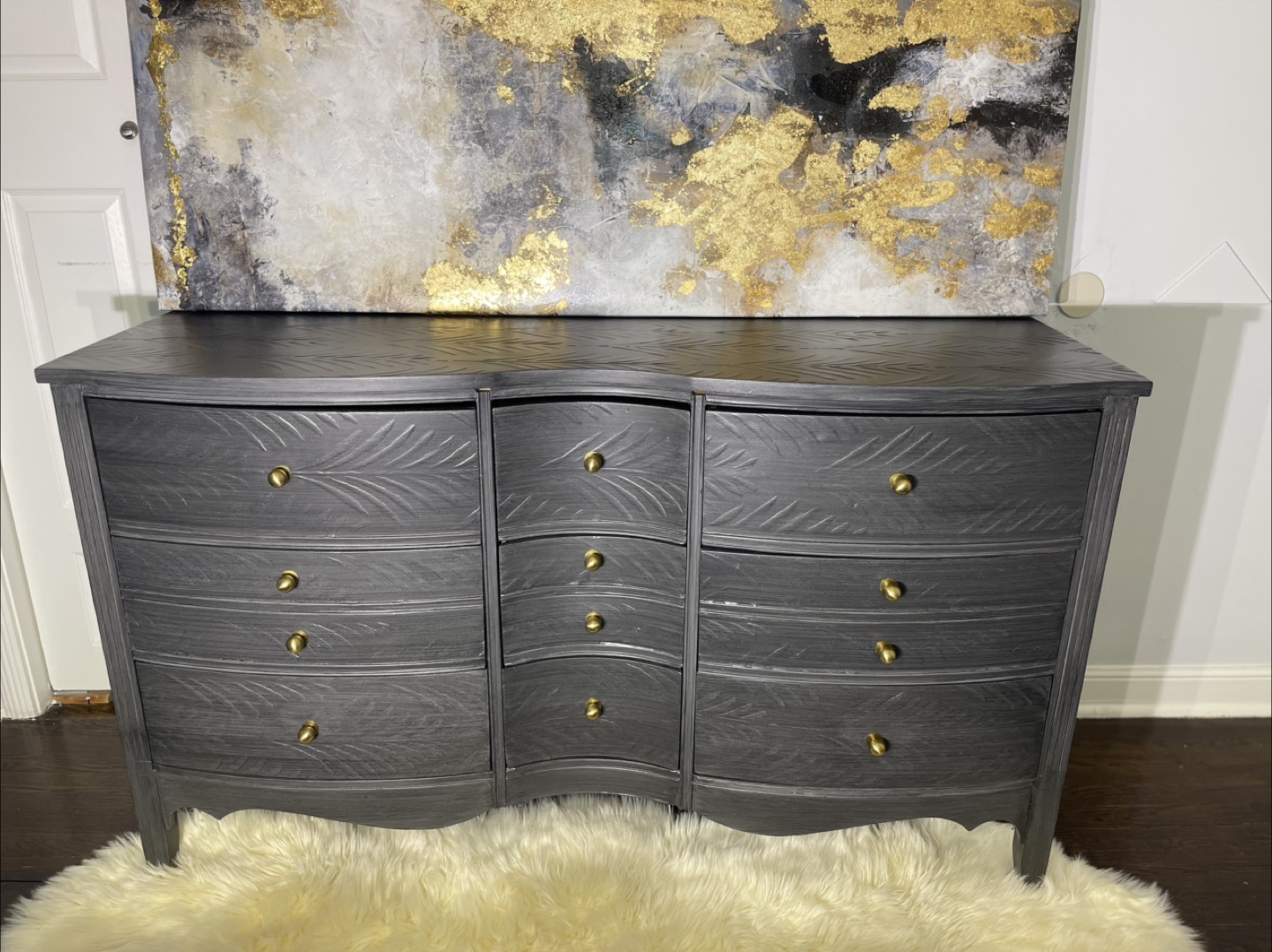 Dixie 9 drawers dresser solid wood - brushed gray/gold