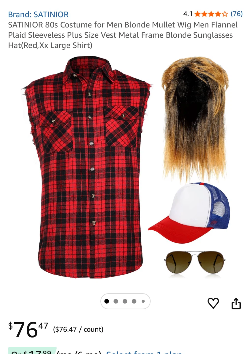 SATINCOR 80s Mullet Wig & Plaid Vest Costume Set