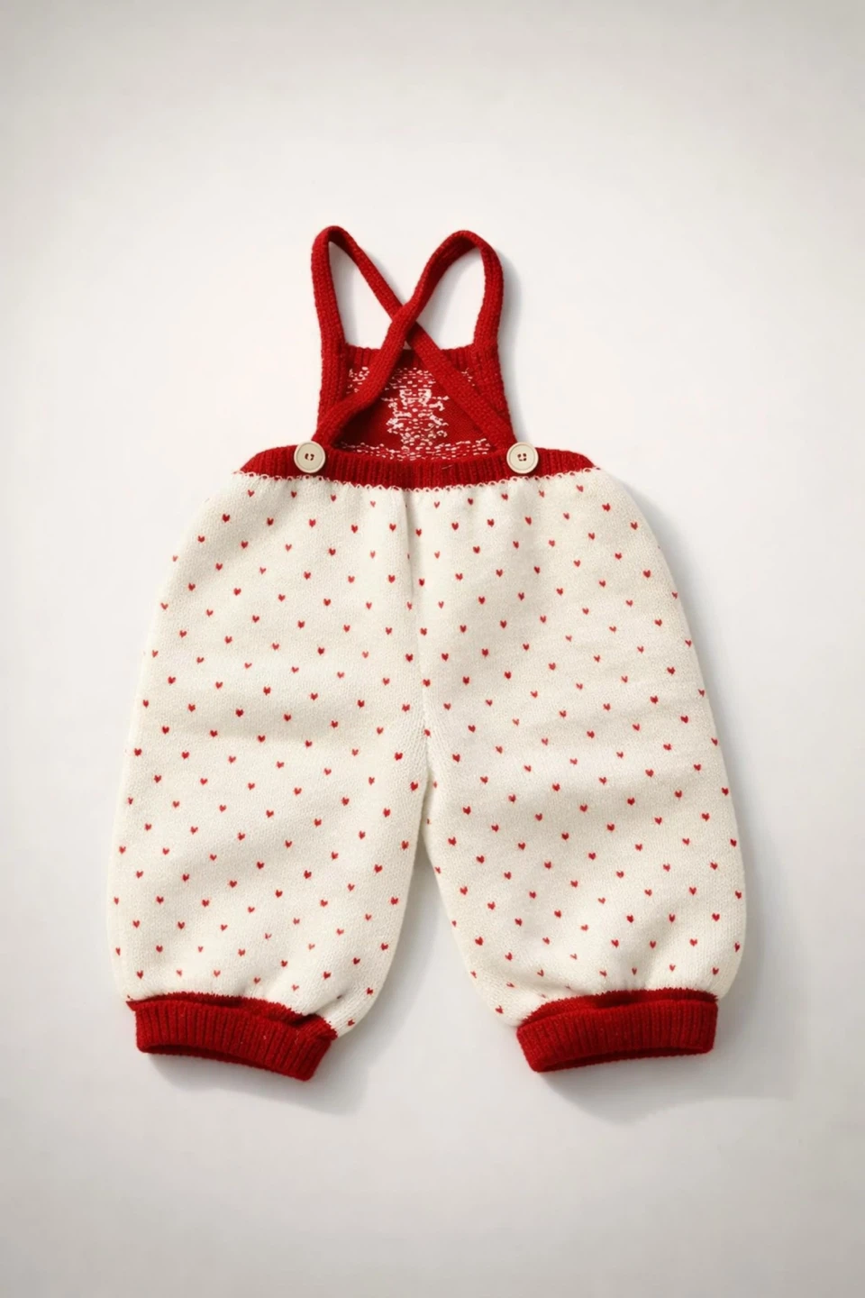 Baby Knit Overalls White Red Hearts - 12-18 months - photo 2