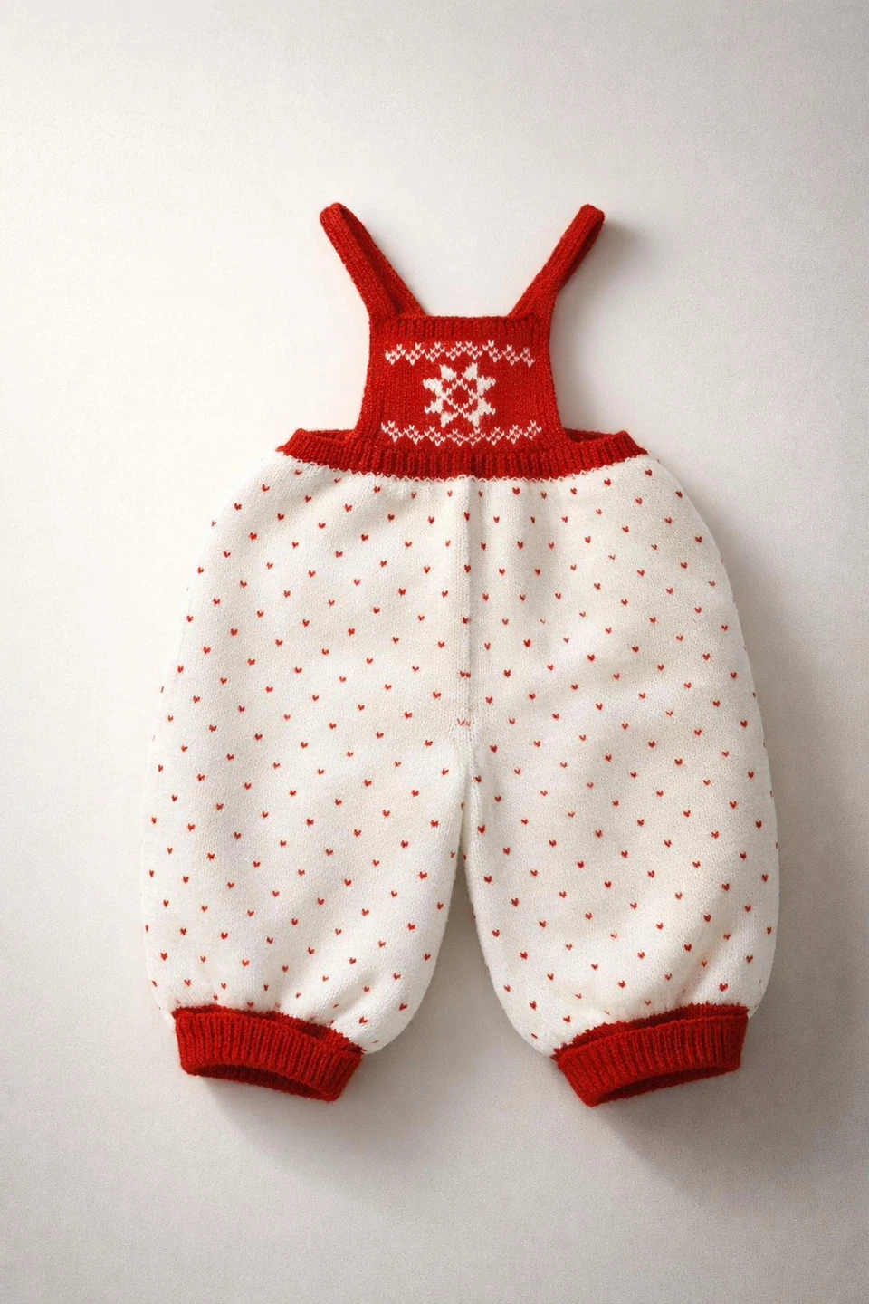 Baby Knit Overalls White Red Hearts - 12-18 months