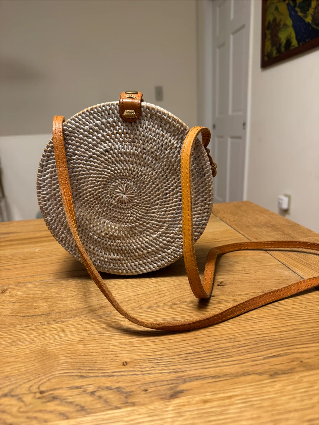 Rattan Bali Bag, White with Leather Strap