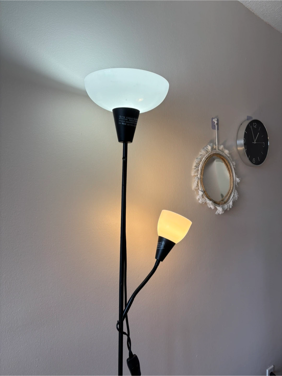 2 items: Black Double Head Floor Lamp + single white light lamp