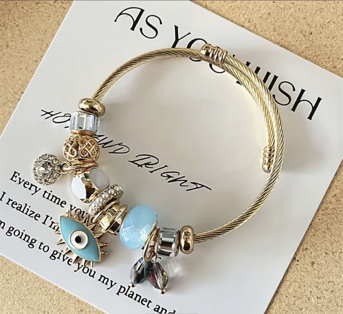 Brand New- Charm Bangle Bracelet with Evil Eye & Crystal Charms