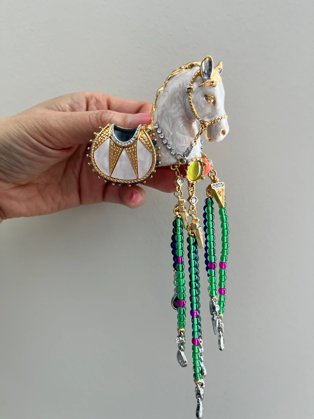 Decorative White Horse Brooch with Dangles