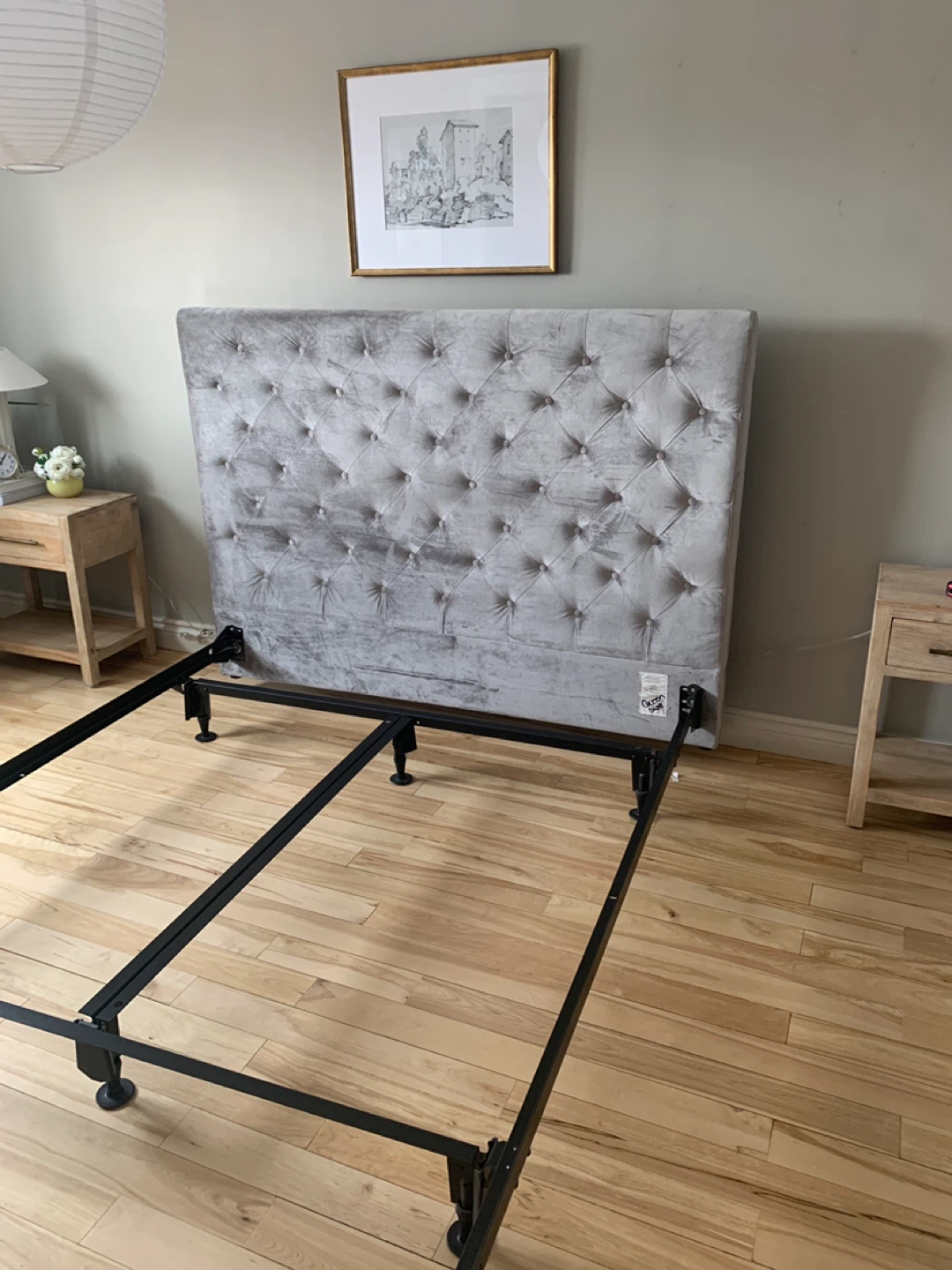 Tufted Velvet Headboard with Metal Bed Frame