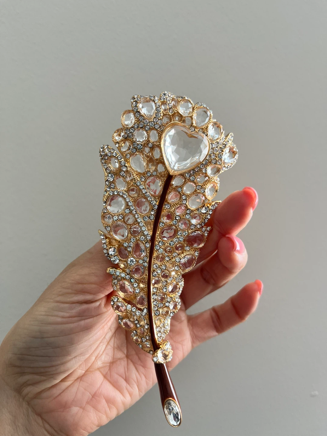 Feather Brooch with Heart-Shaped Crystal