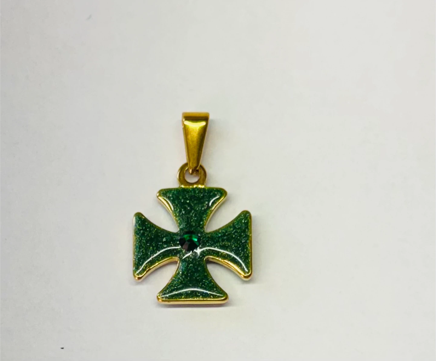 Sparkling Handmade Green Enamel Cross w Emerald Stone-two sided