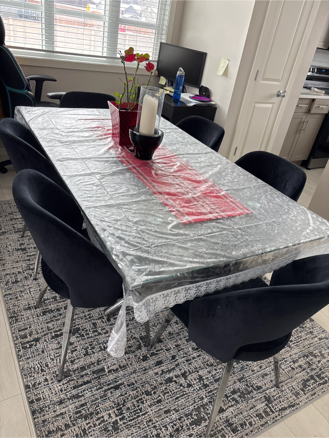 Set of 6 Blue Velvet Dining Chairs with Chrome Legs
