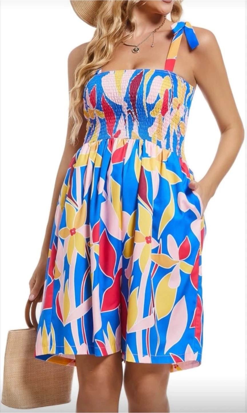 NEW! Women's Smocked Bodice Floral Jumpsuit with Tie Straps