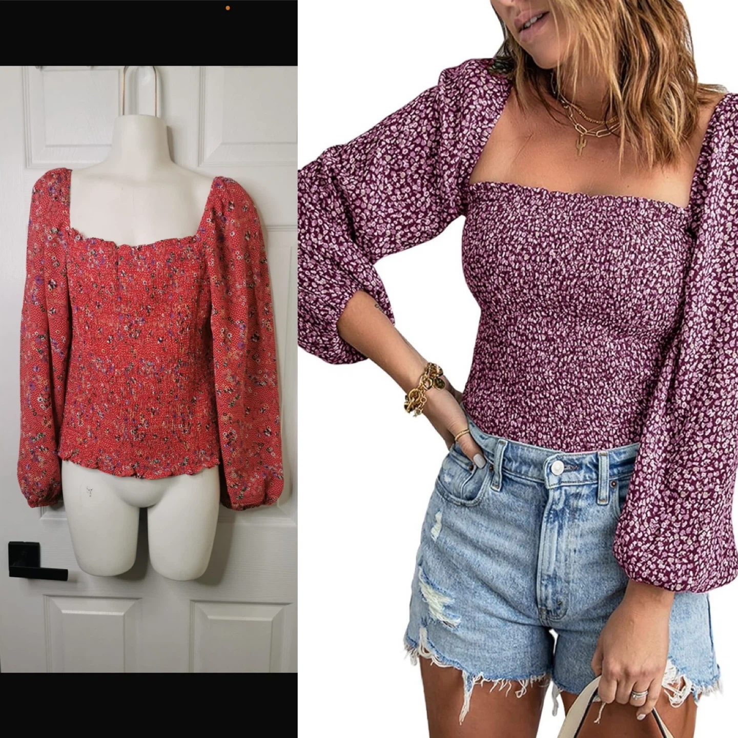 NEW! Red Floral Smocked Square Neck Long Sleeve Top