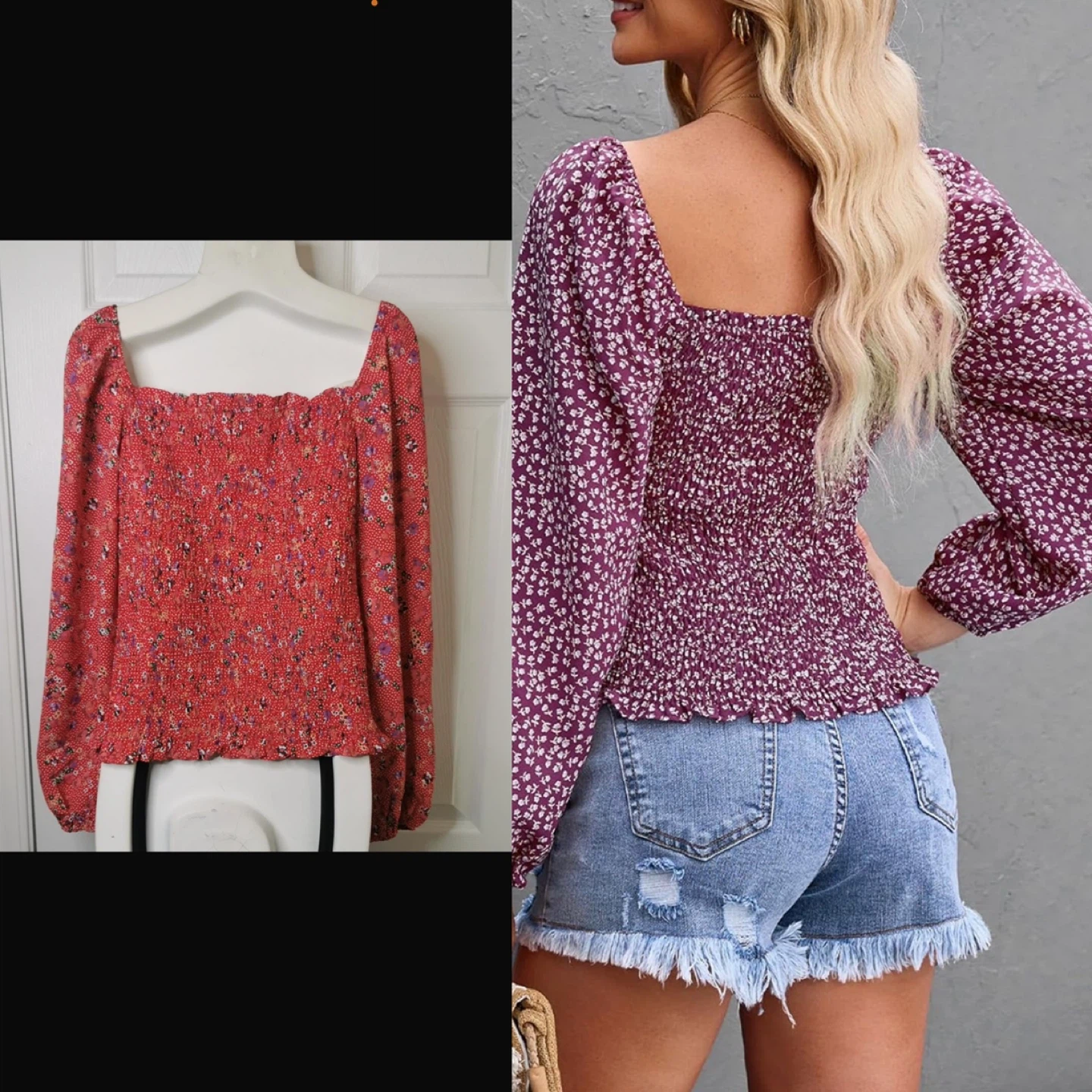 NEW! Red Floral Smocked Square Neck Long Sleeve Top - photo 2