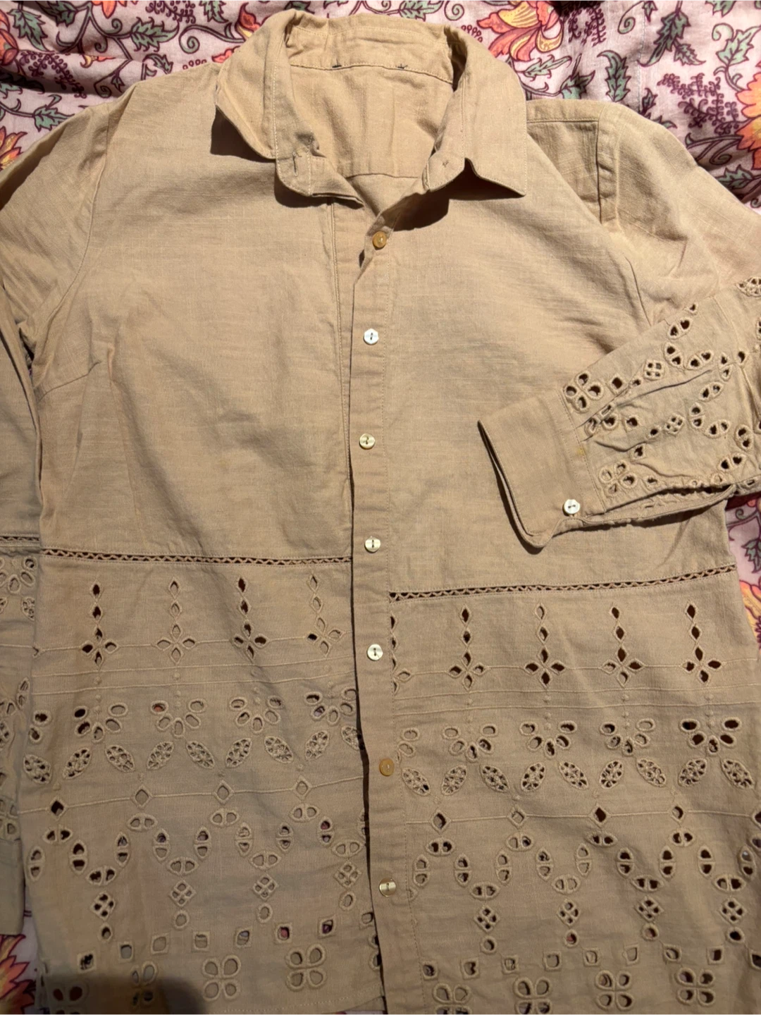 Light Brown Eyelet Button-Up Shirt