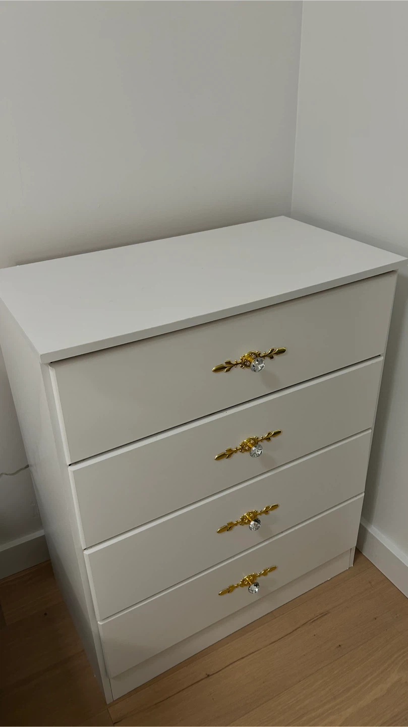 White 4-Drawer Dresser with Gold Crystal Knobs