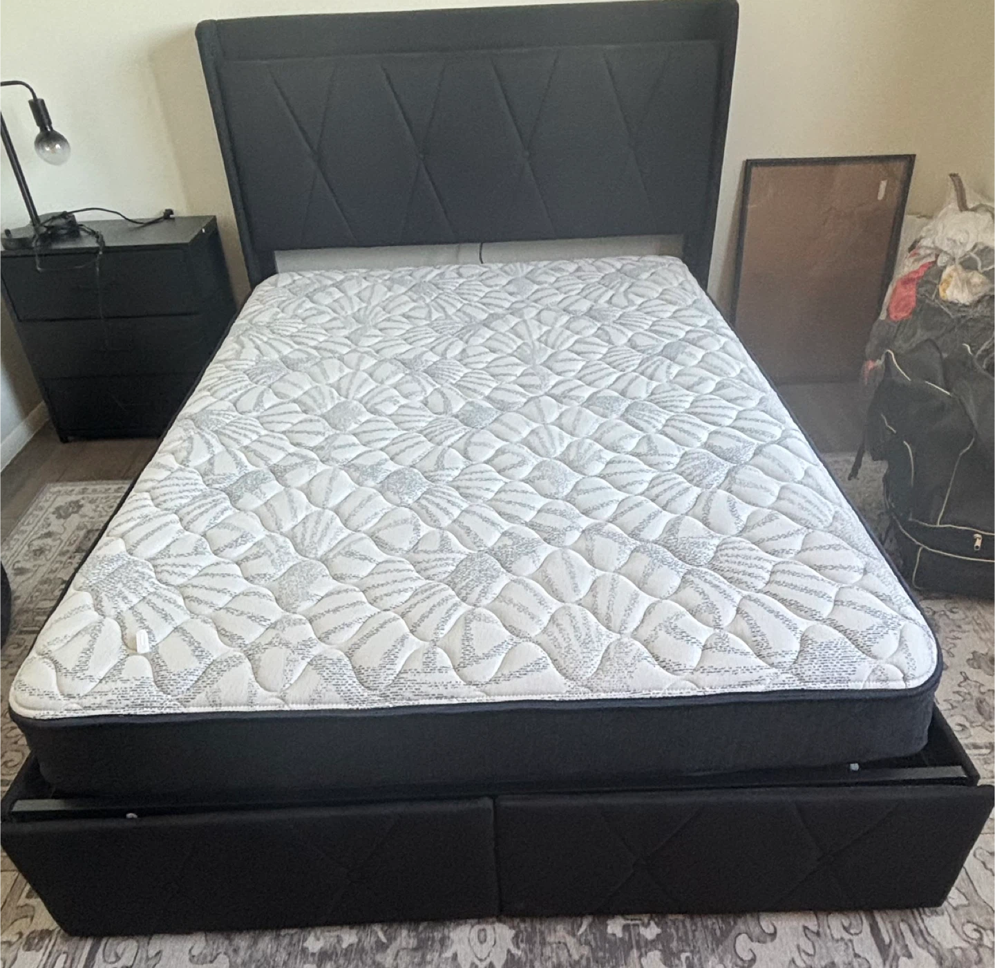 Full Size bed and Mattress with Black Upholstered Bed Frame