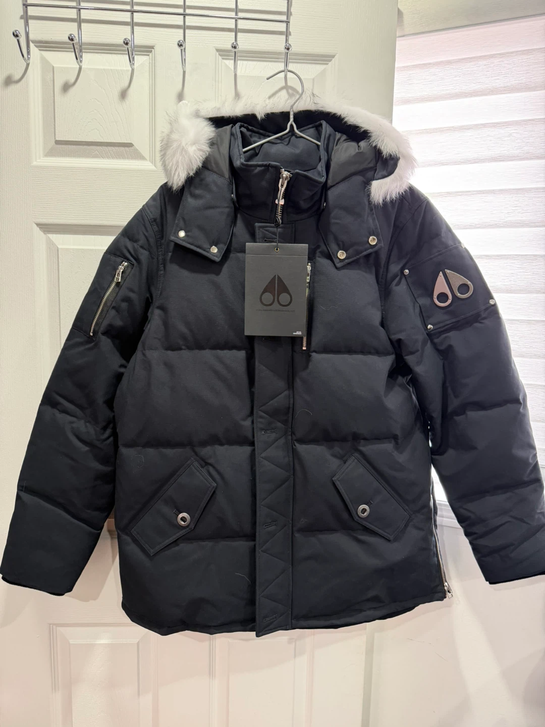 Moose Knuckles Black Puffer Jacket with Fur Hood