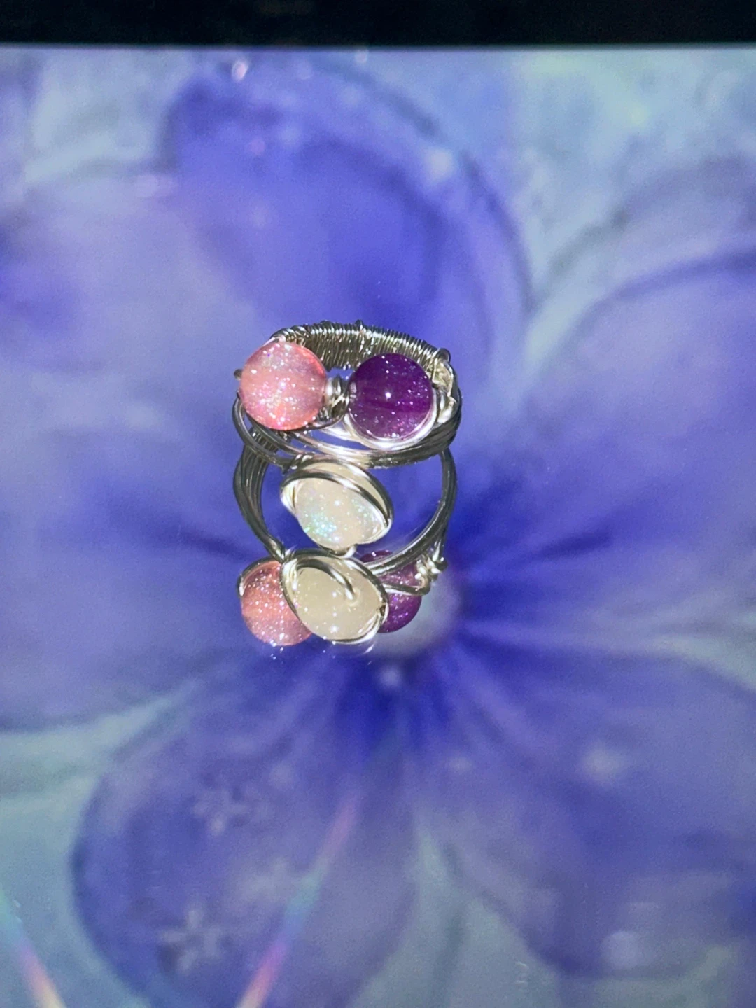 Wire Wrapped Gemstone Ring - Pink, Purple, and White Stones