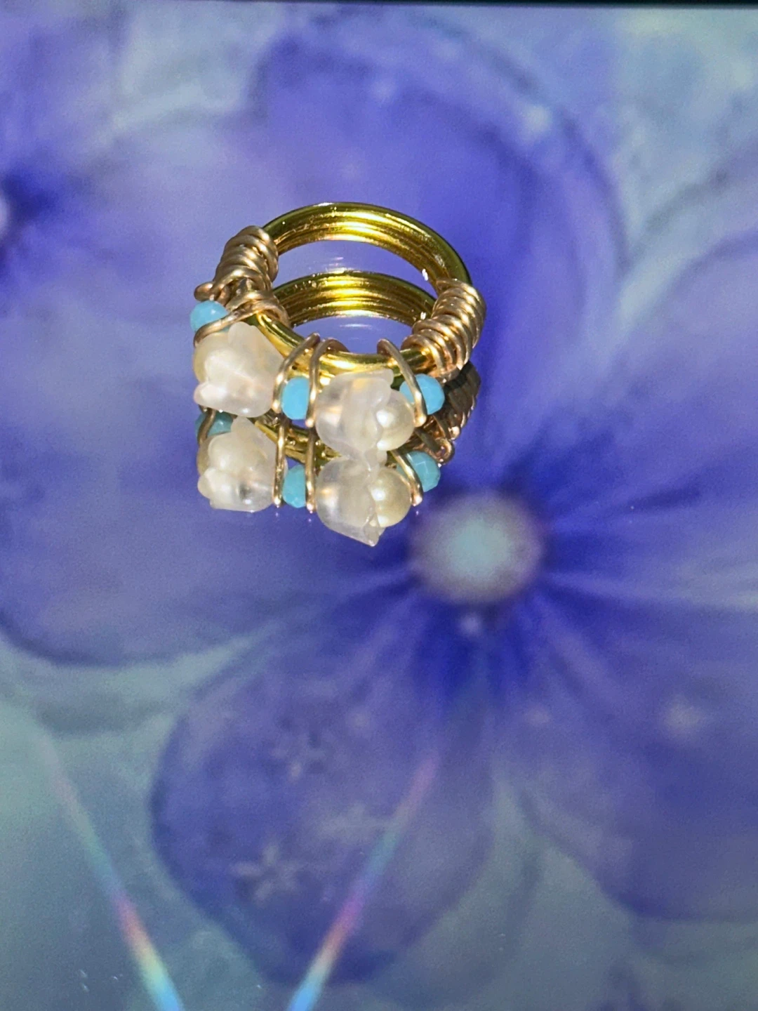 Gold Tone Wire Wrapped Ring with Flower Beads and Blue Accents
