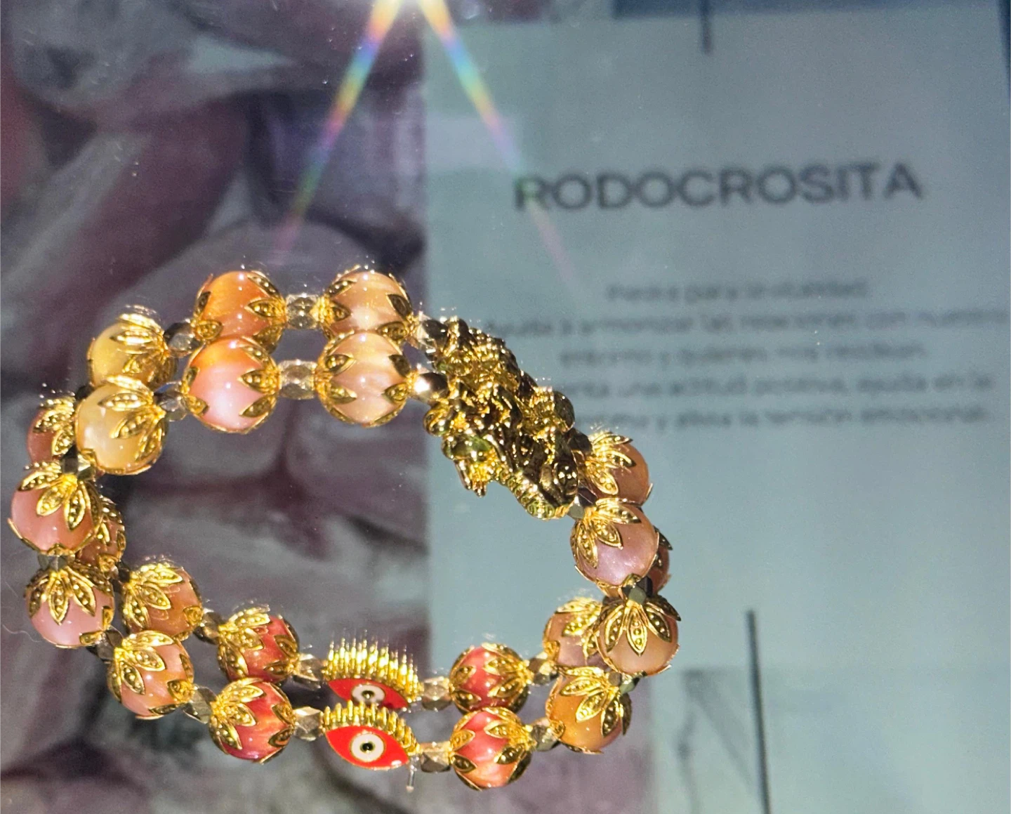 Rodocrosita Beaded Bracelet with Gold Accents