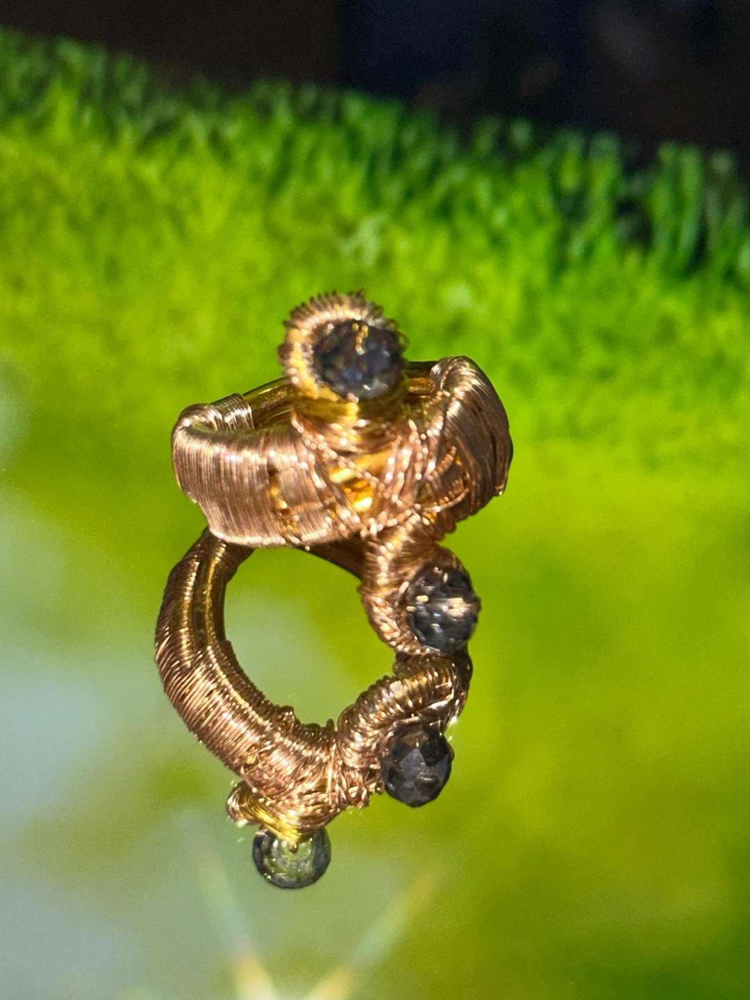 Handmade Wire Wrapped Ring with Dark Gems