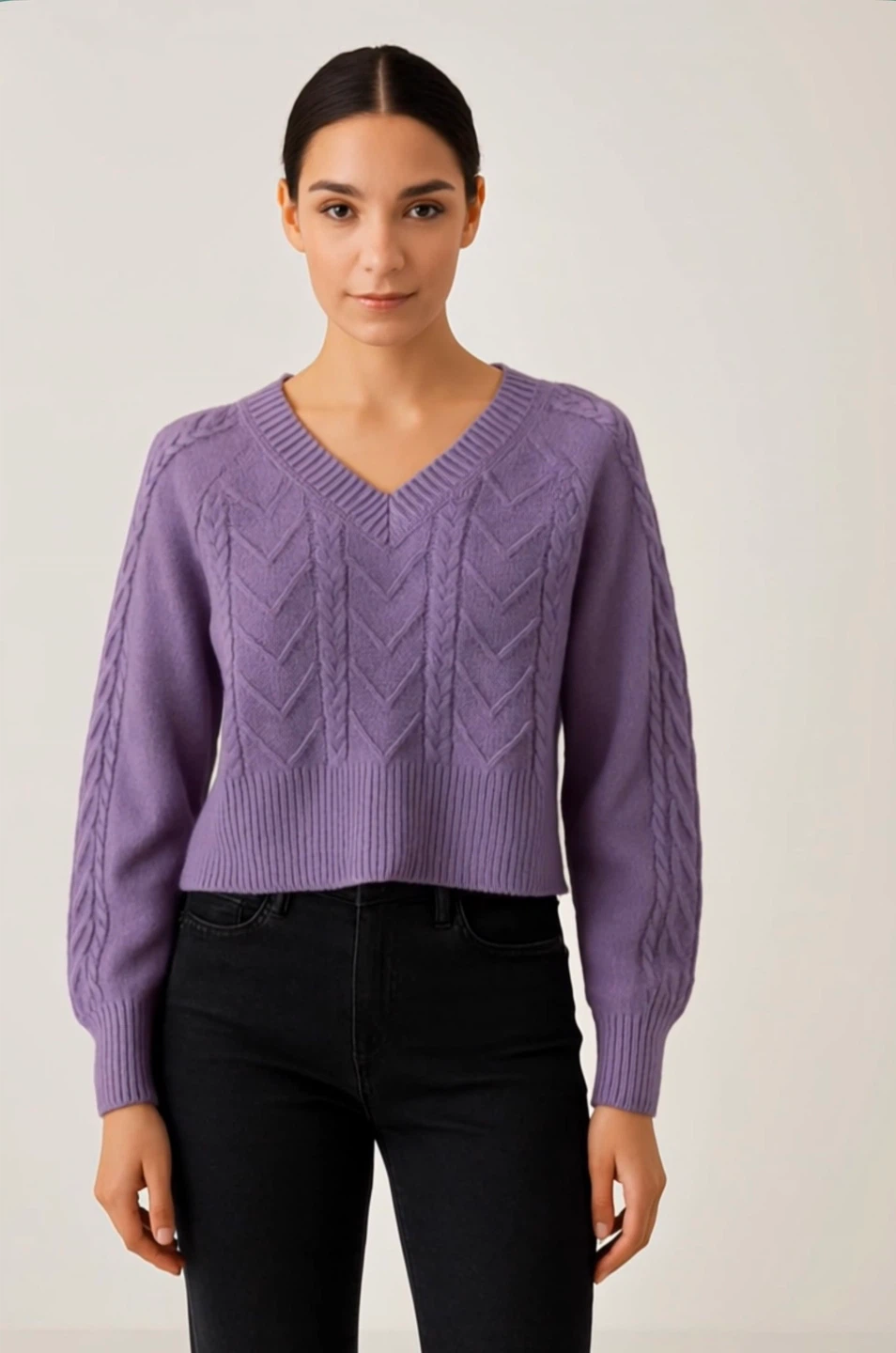 Purple V-Neck Cable Knit Cropped Sweater - photo 2