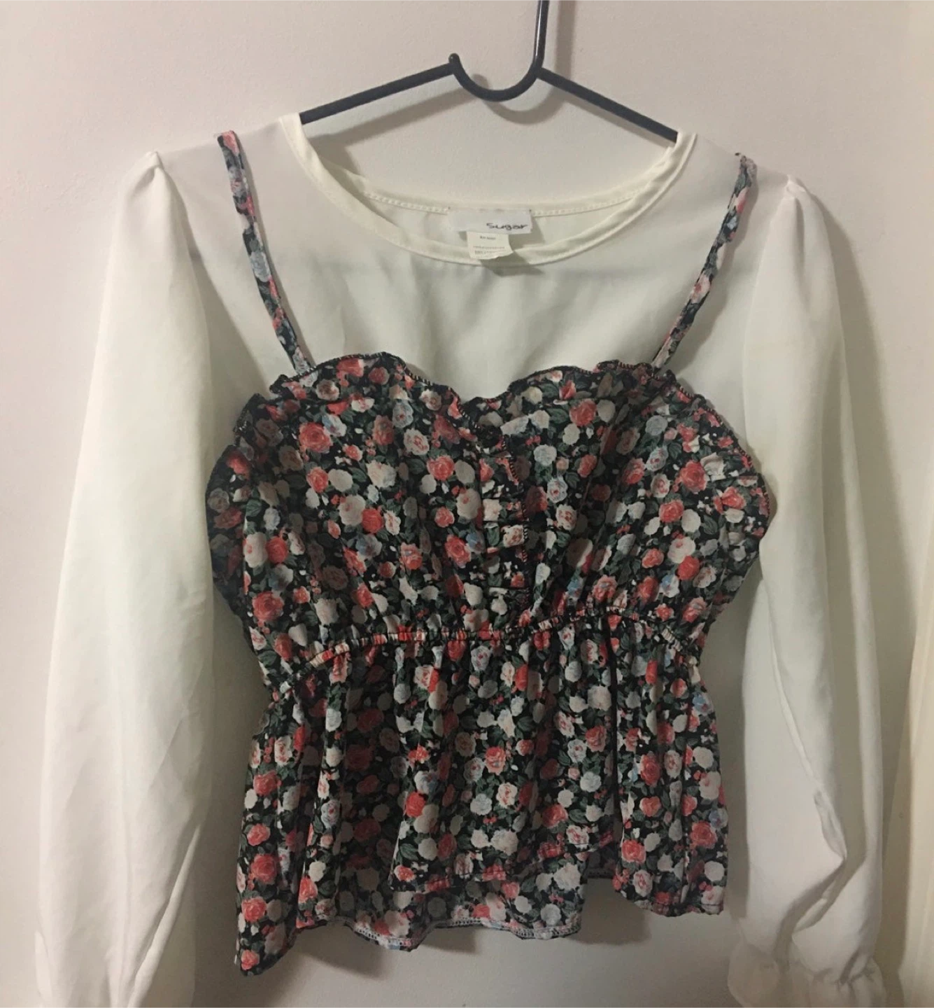 Cream Long Sleeve Top with Floral Camisole Overlay