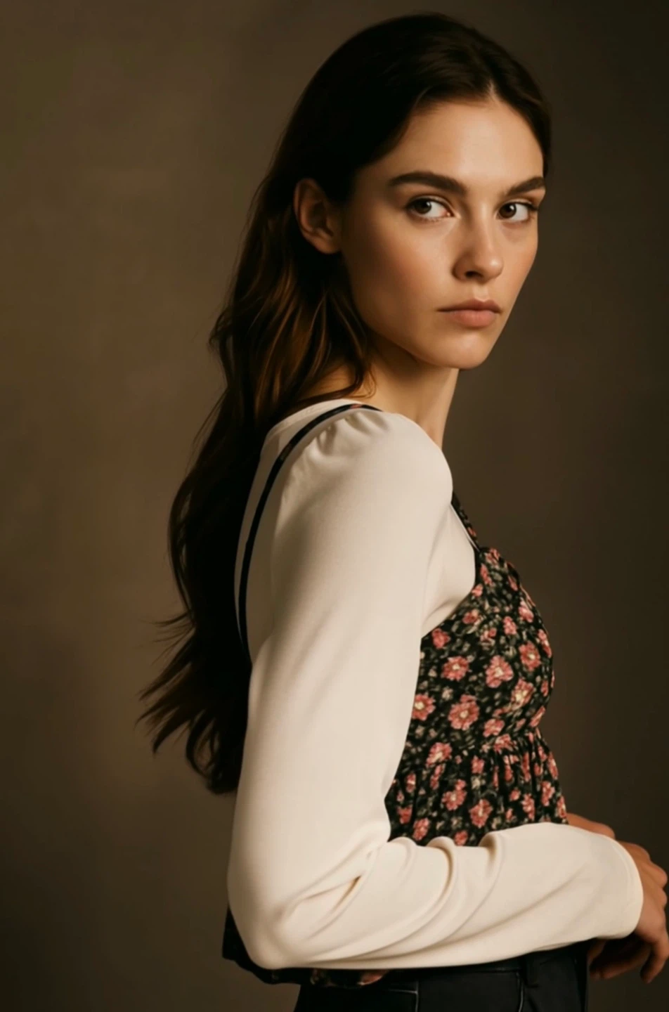 Cream Long Sleeve Top with Floral Camisole Overlay - photo 3