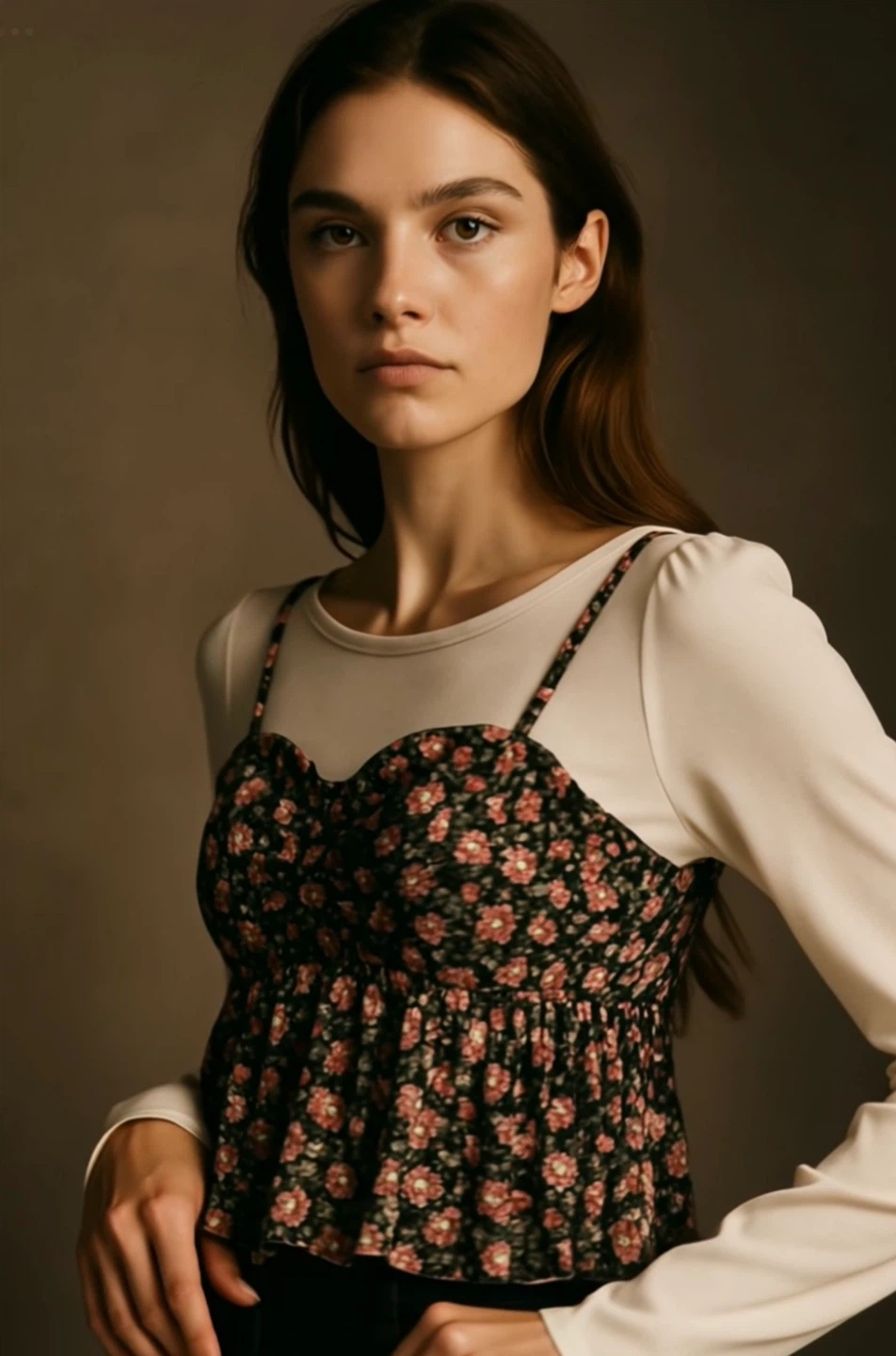 Cream Long Sleeve Top with Floral Camisole Overlay - photo 2