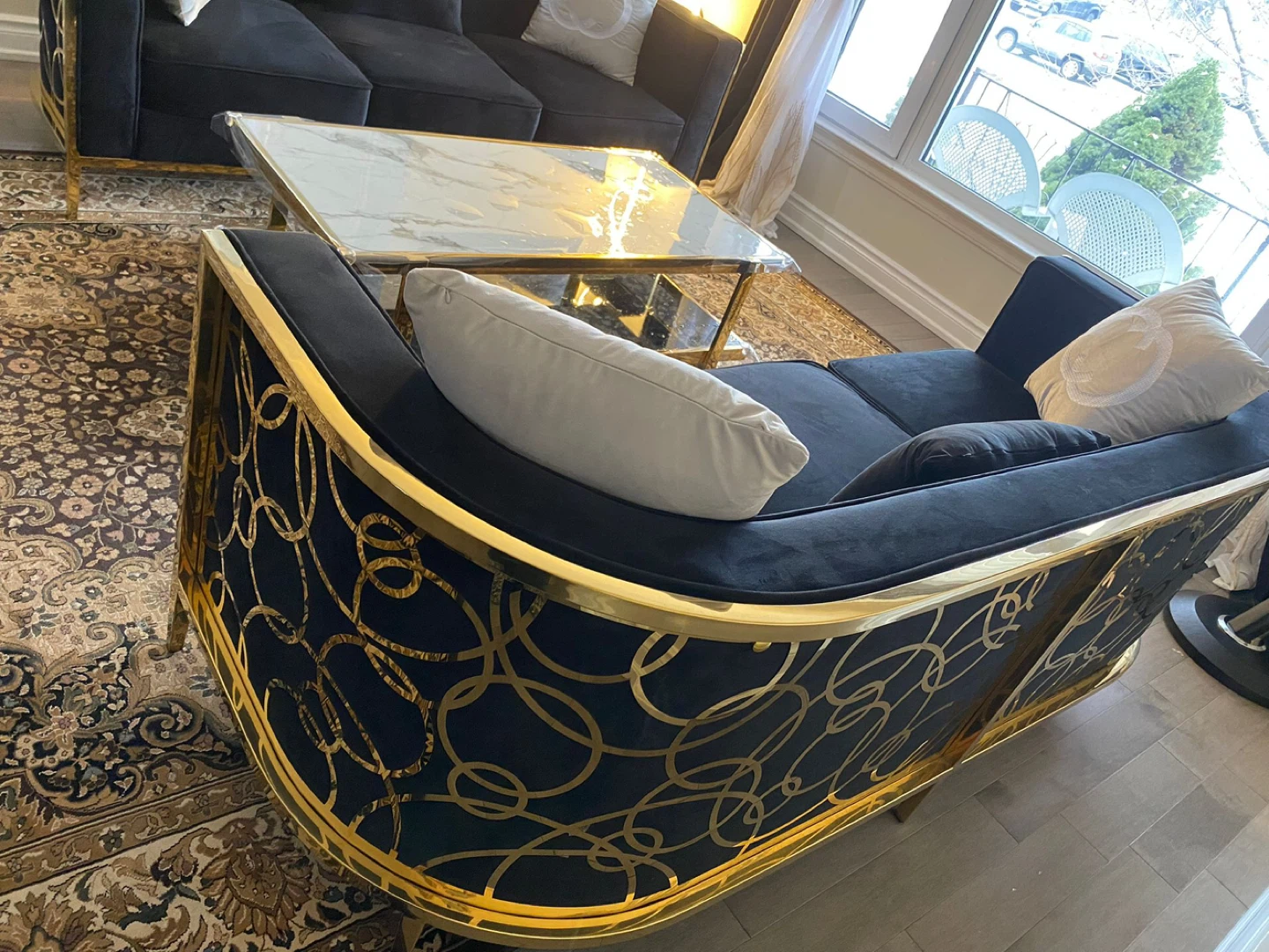 Set of two : Black Velvet Sofa with Gold Accents like new - photo 3