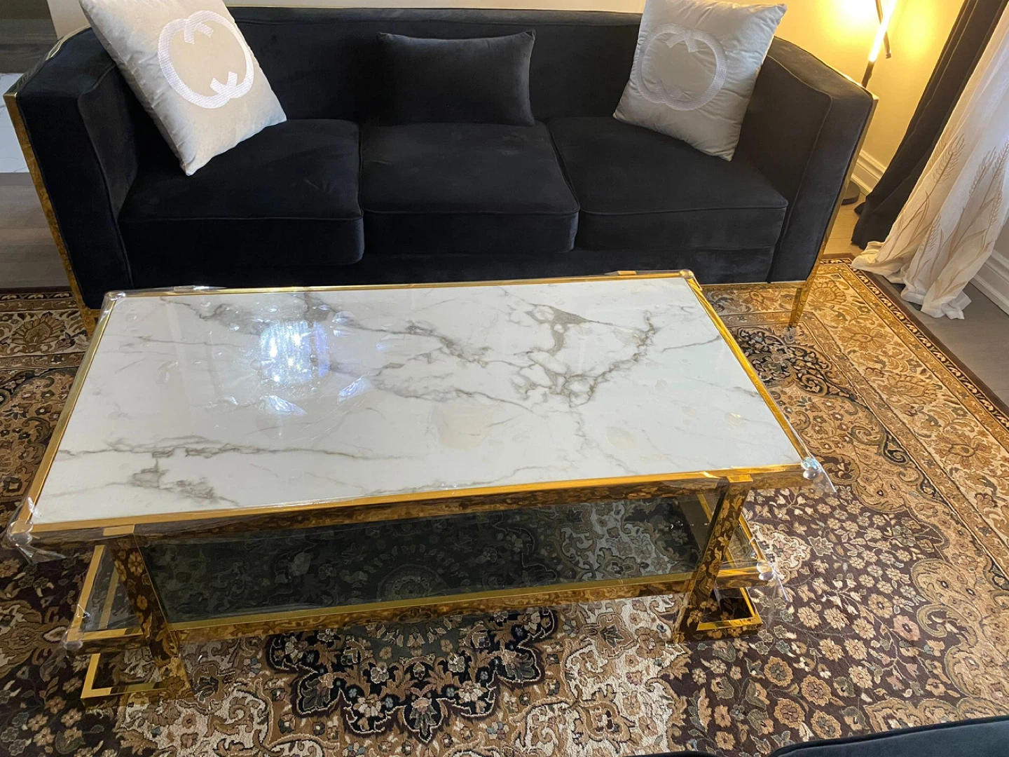 Set of two : Black Velvet Sofa with Gold Accents like new