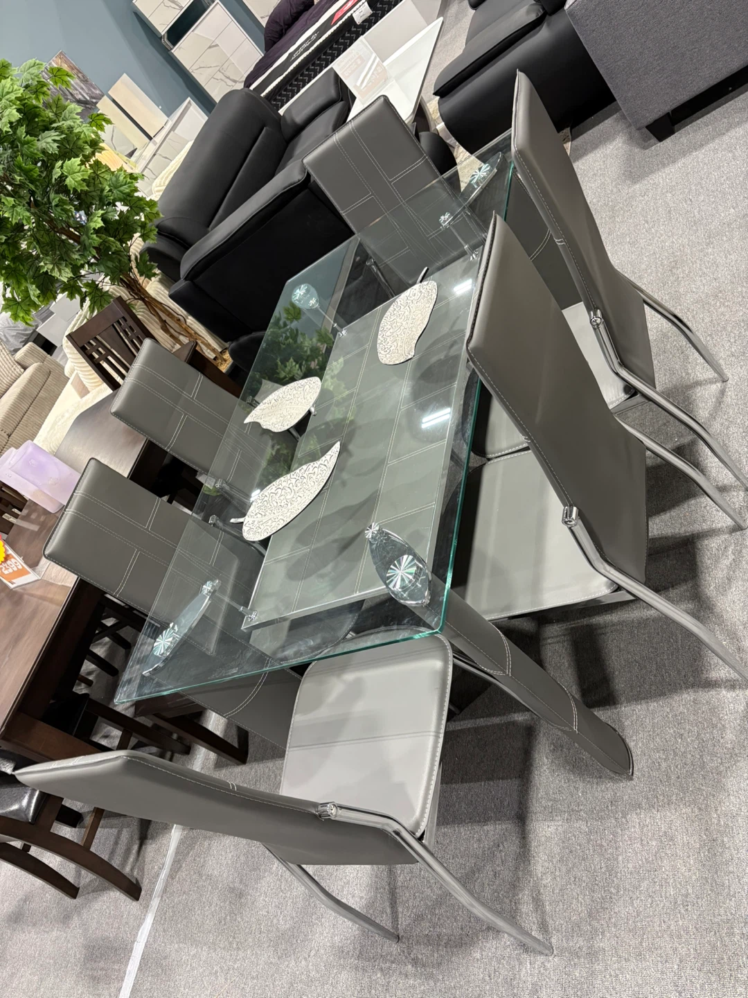Glass Dining Table with 6 Grey Chairs