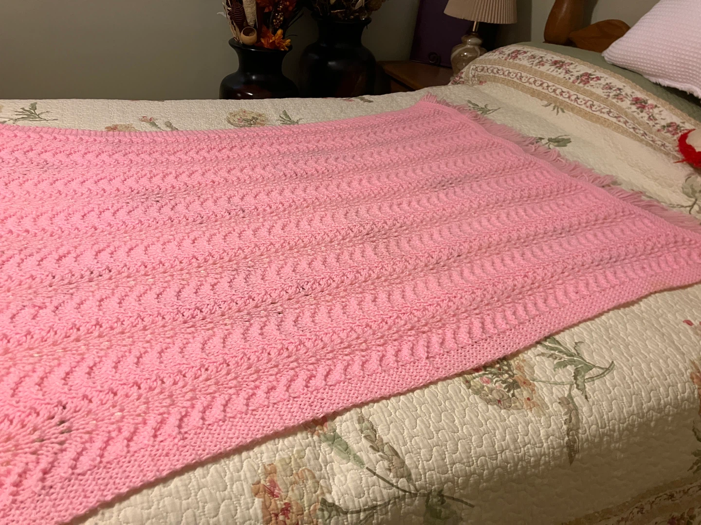 Pink hand Knitted Throw Blanket with Fringe