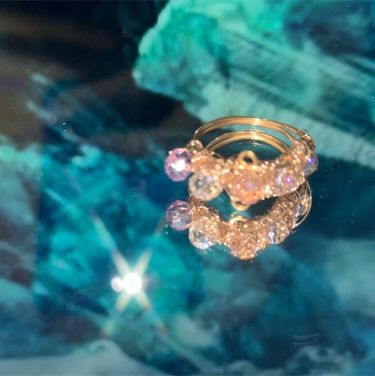 Gold Tone Wire Wrapped Ring with Pink and Clear Beads