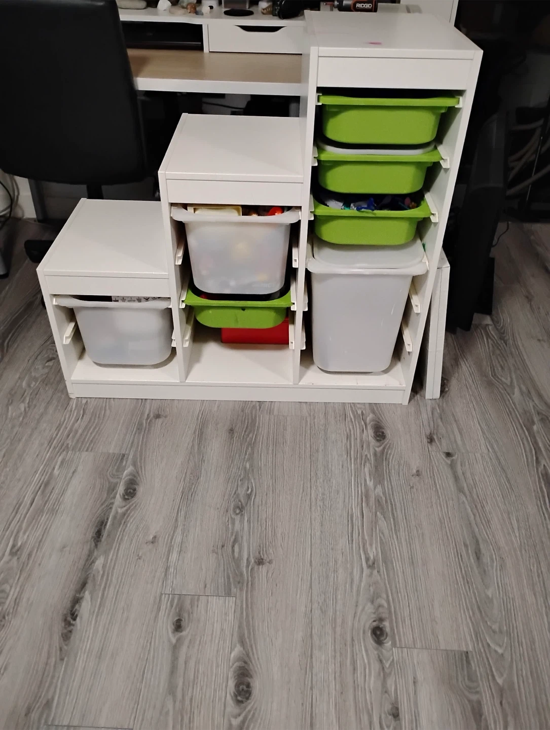 White IKEA TROFAST storage unit with bins