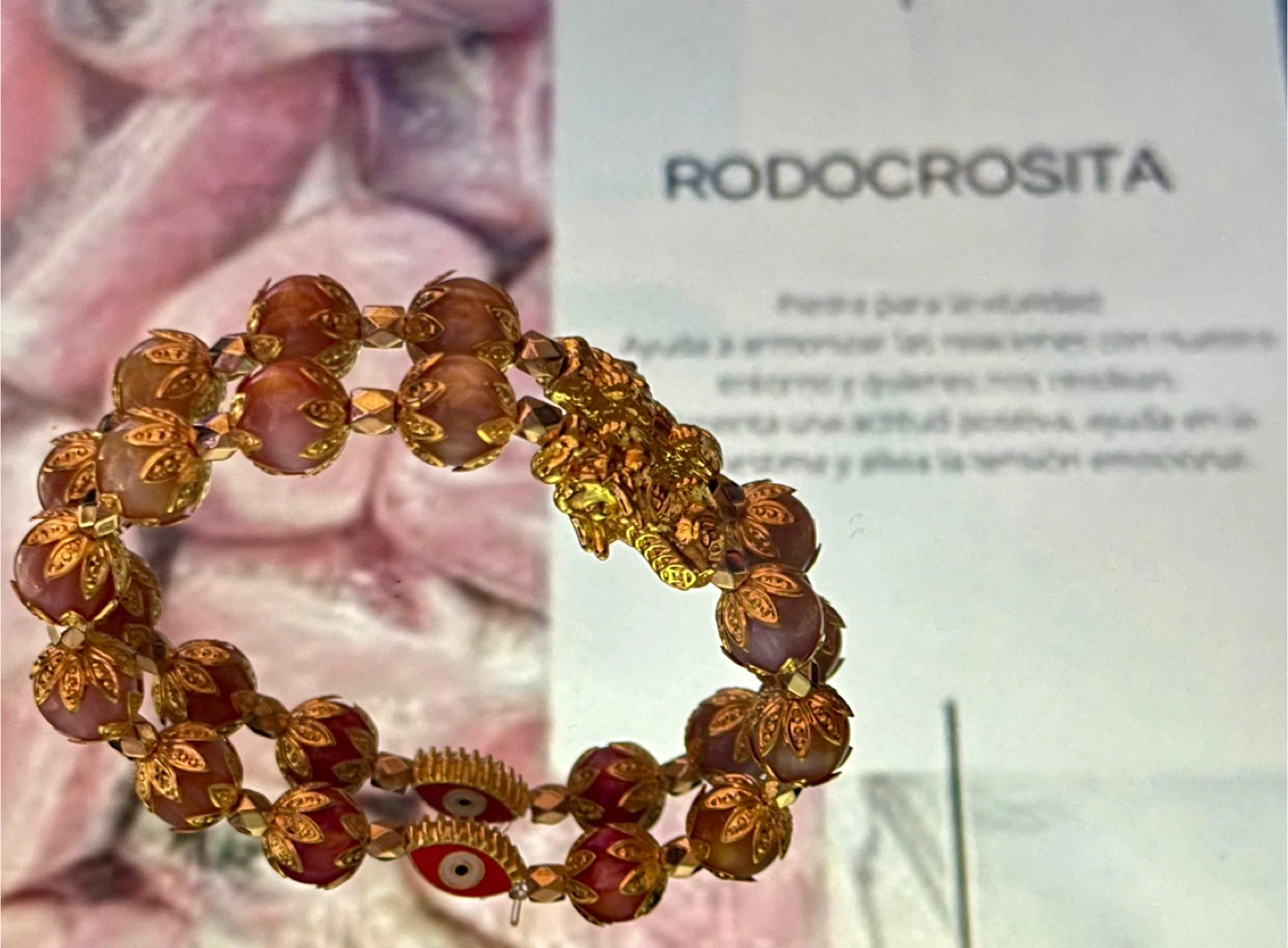 Rodocrosita Stone Bead Bracelet with Gold Tone Dragon Charm