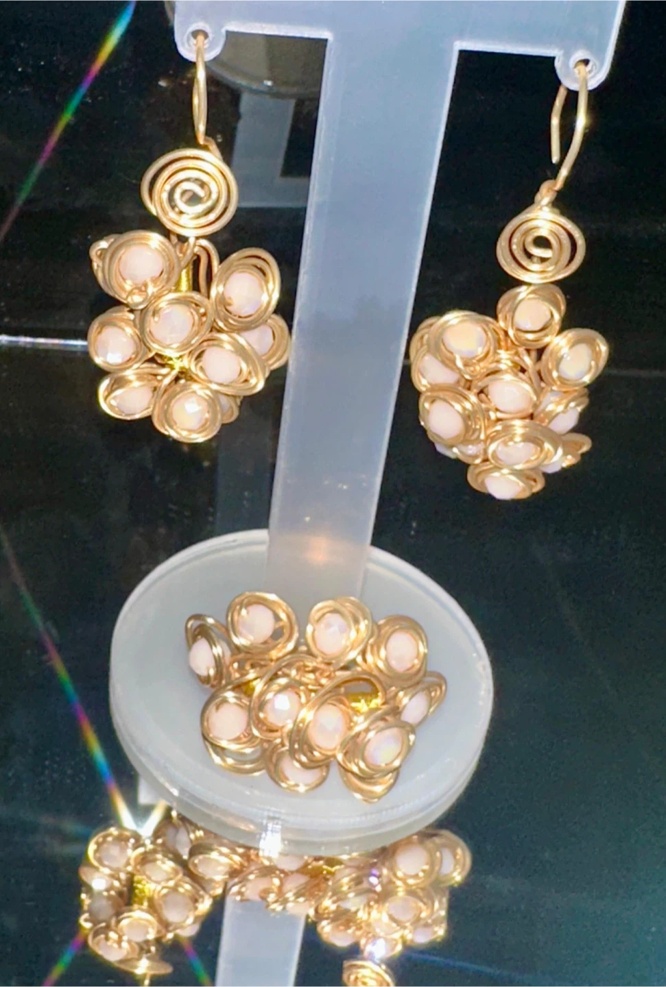 Gold Tone Wire Wrapped Earrings and Ring Set with White Beads