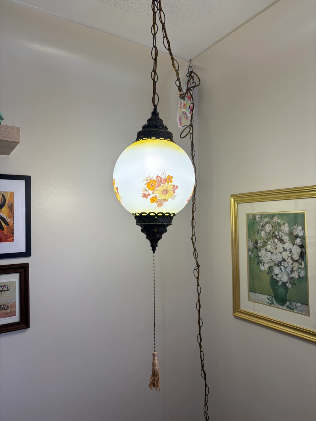 Vintage Hanging Globe Lamp with Floral Design