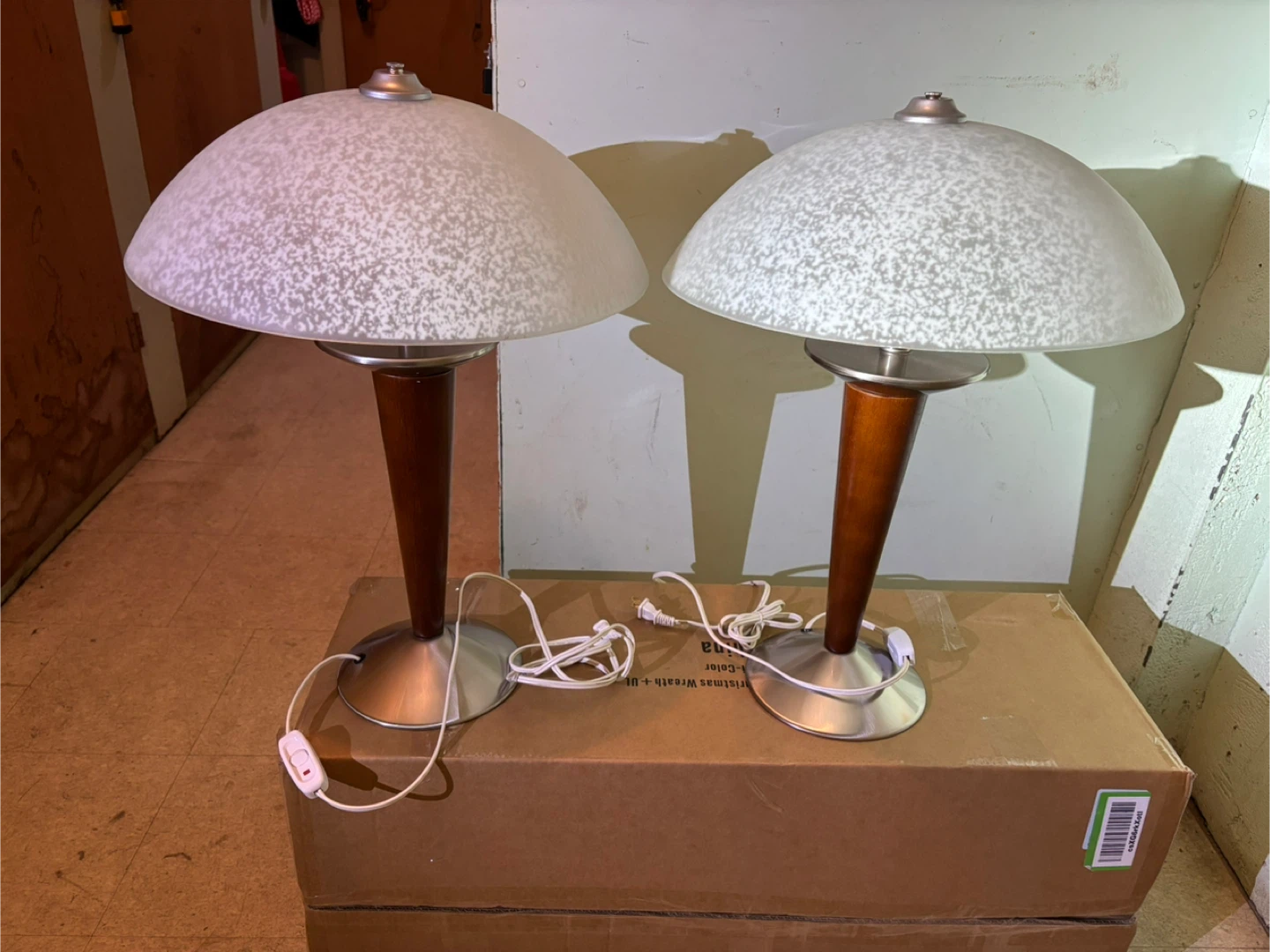 Pair of Frosted Glass and Wood Table Lamps