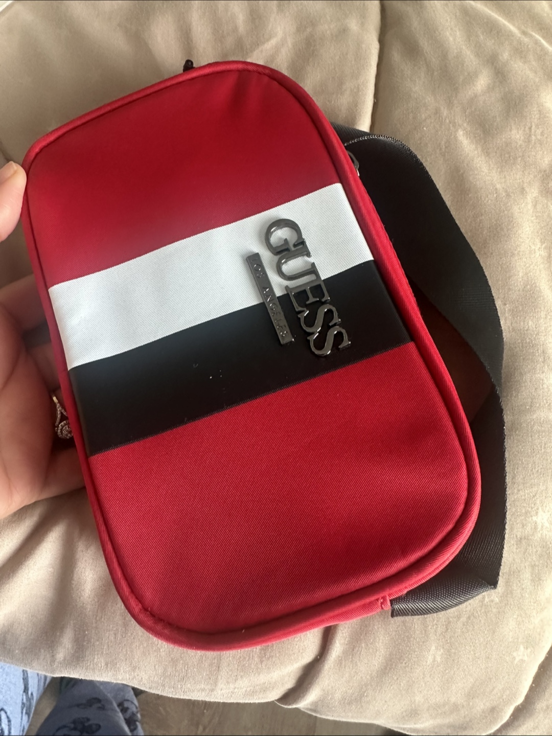 Guess Red & White Striped Crossbody Bag with Small Pouch