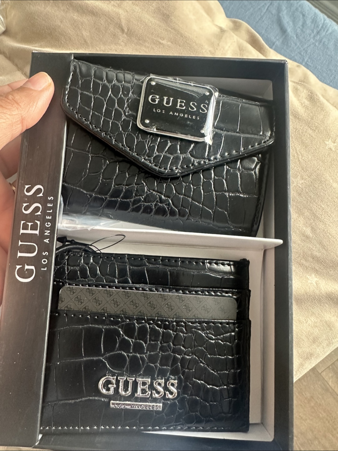 Guess Black Croc Embossed Wallet and Cardholder Set