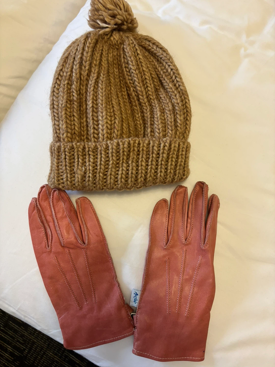 Brown Knit Beanie and Pink Leather Gloves Set