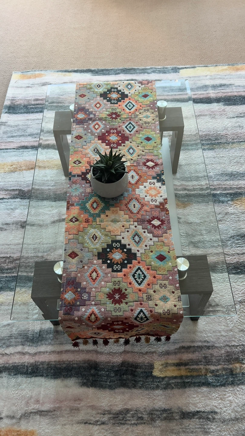 Glass Coffee Table with Southwestern Patterned Runner