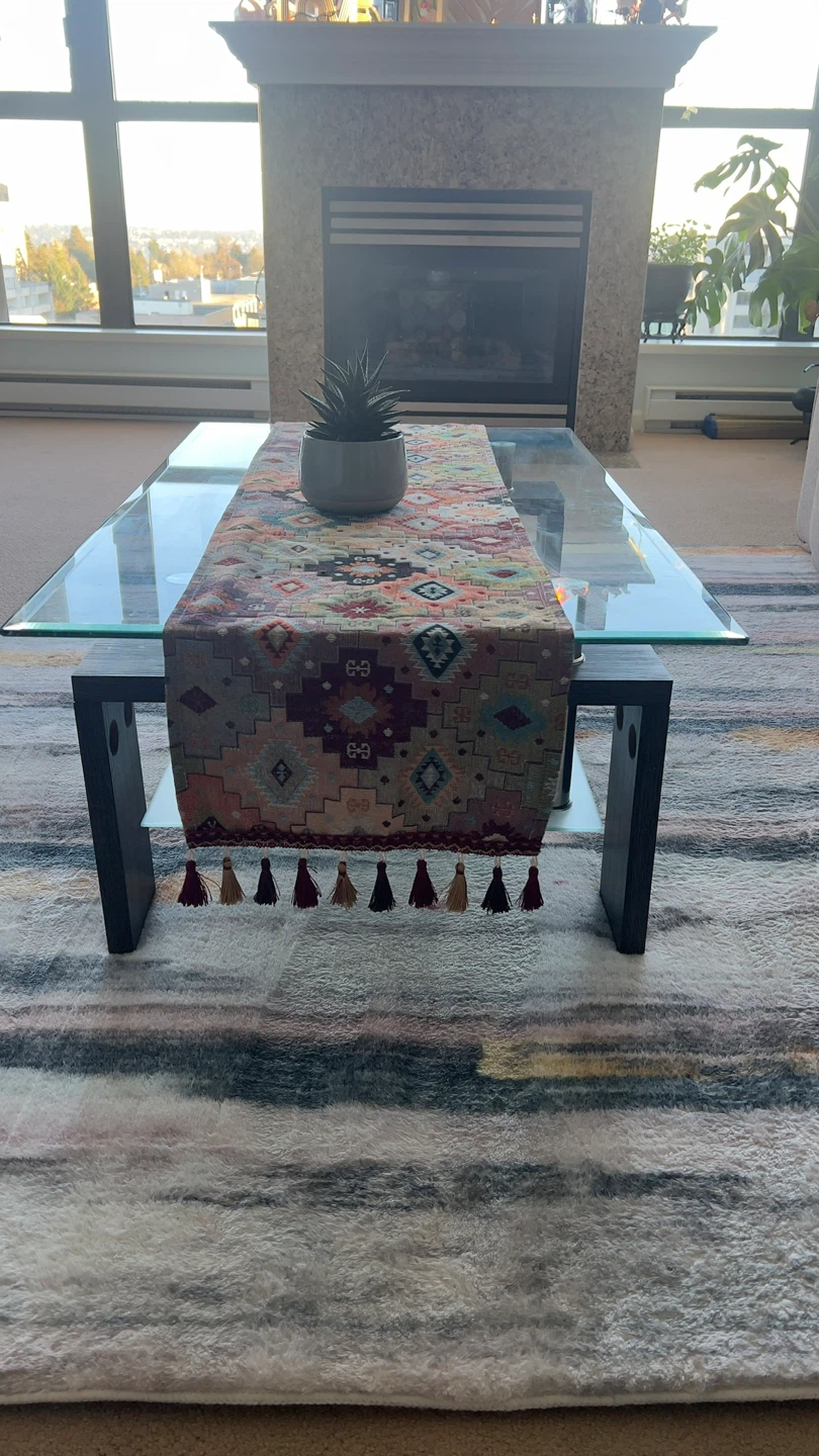 Glass Coffee Table with Southwestern Patterned Runner - photo 2