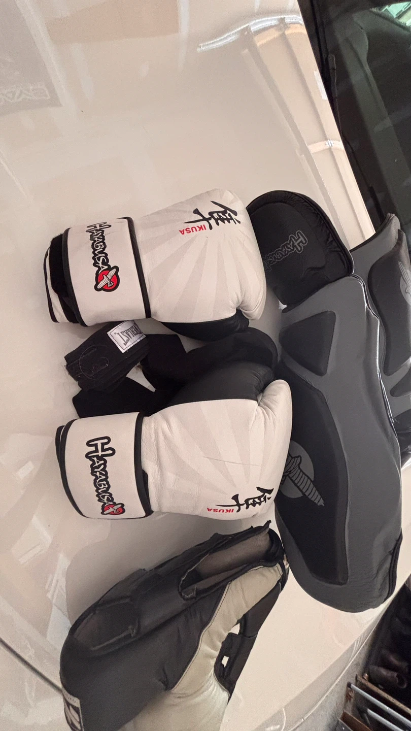 Hayabusa Boxing Gloves 16 oz, shine guards, and face guards