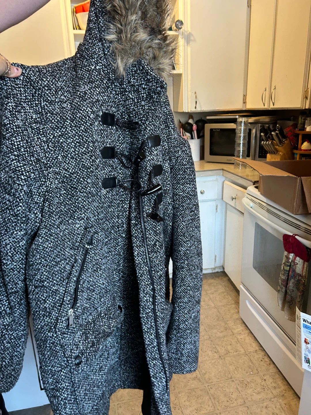 Love & Legend Grey Tweed Winter Coat with Faux Fur Hood