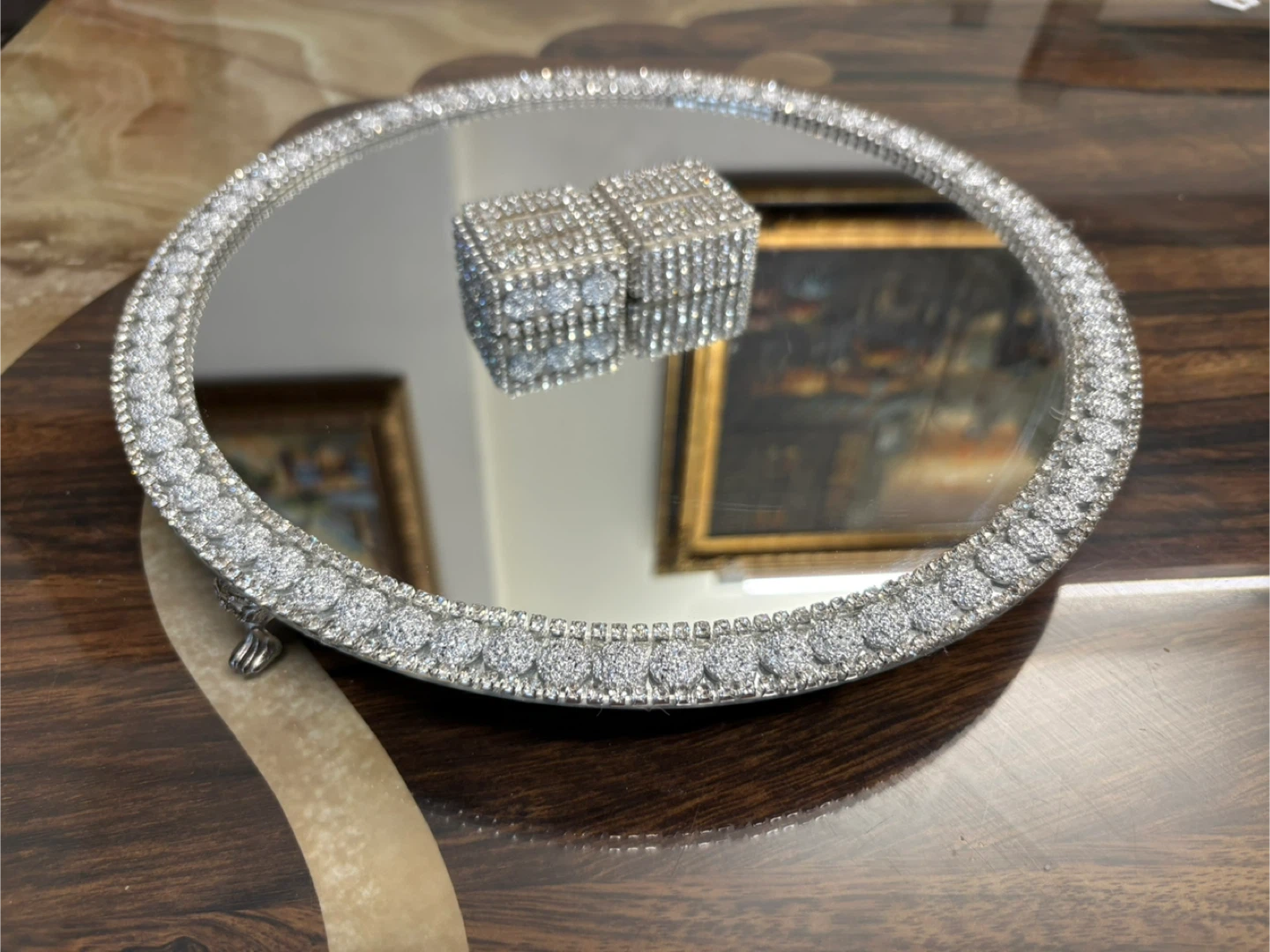 Round Mirror Tray with crushed diamond & silver rhinestone