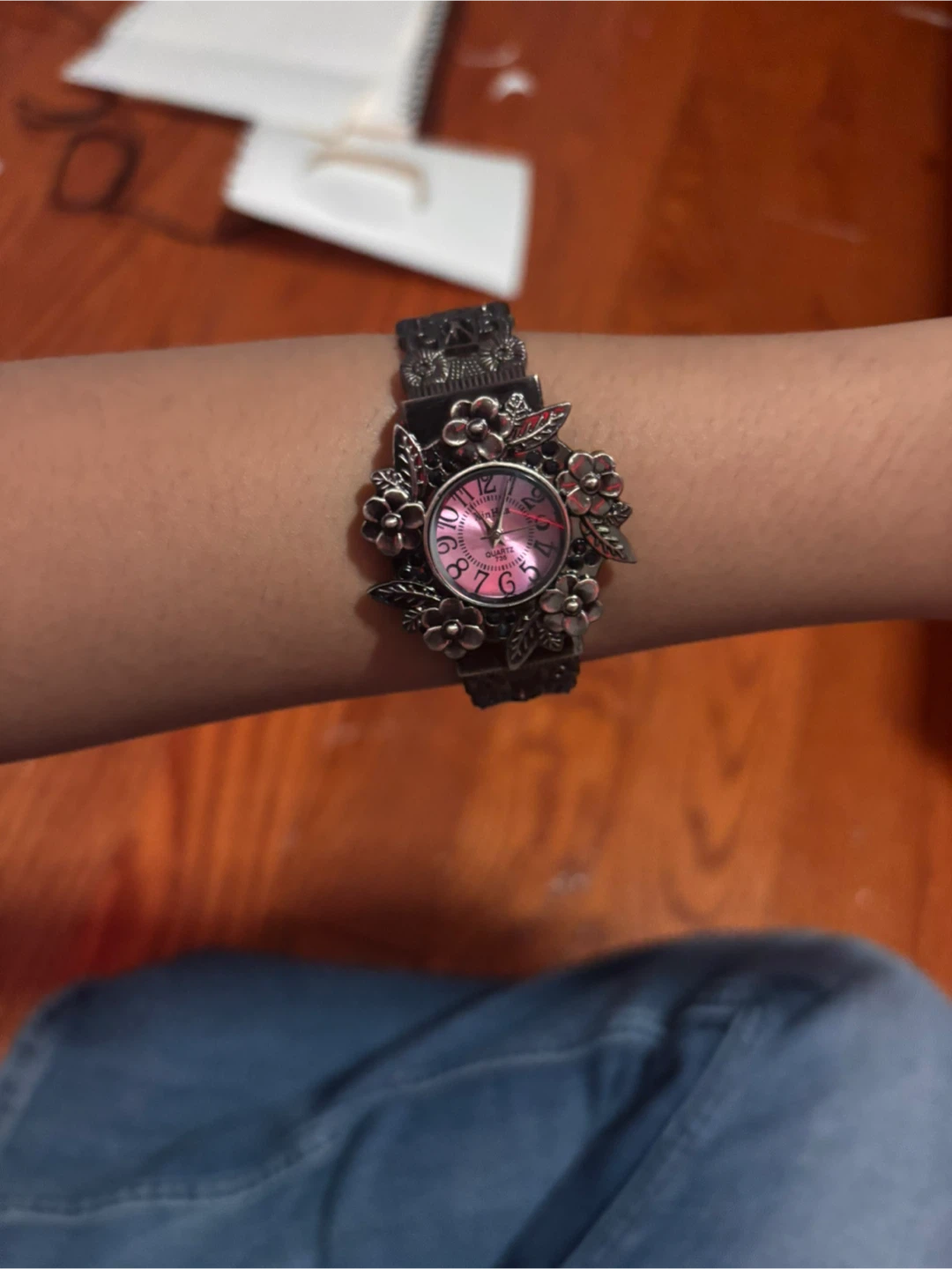 Silver-tone Floral Bangle Watch with Pink Dial - photo 3