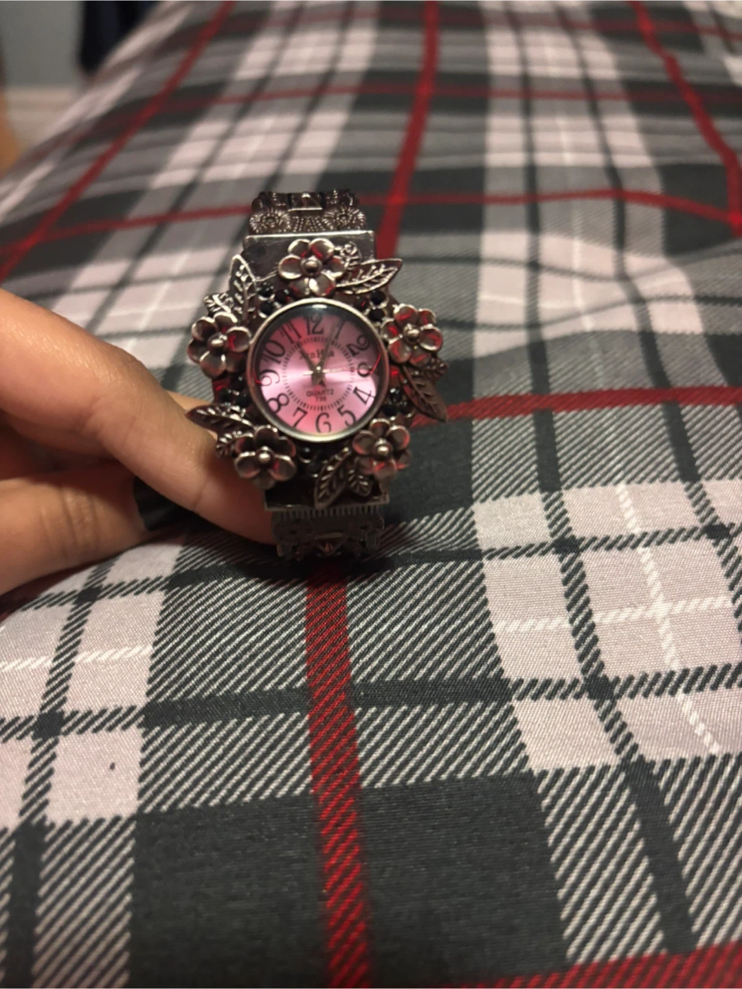 Silver-tone Floral Bangle Watch with Pink Dial