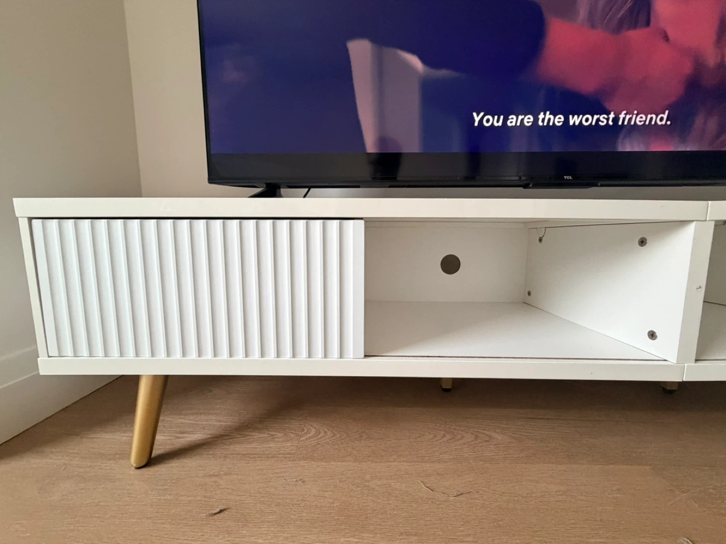 White Media Console with Fluted Drawer and Gold Legs - photo 2